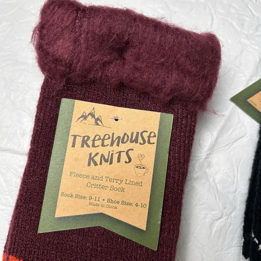 Treehouse Knits New 2 Pair Fleece Lined Slipper Socks No-Slip Grippers Fox Panda